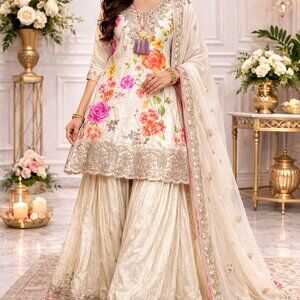 Floral Cream Sharara Set 3-Piece Ethnic Outfit Kurta Dupatta Size 44 (XXL)